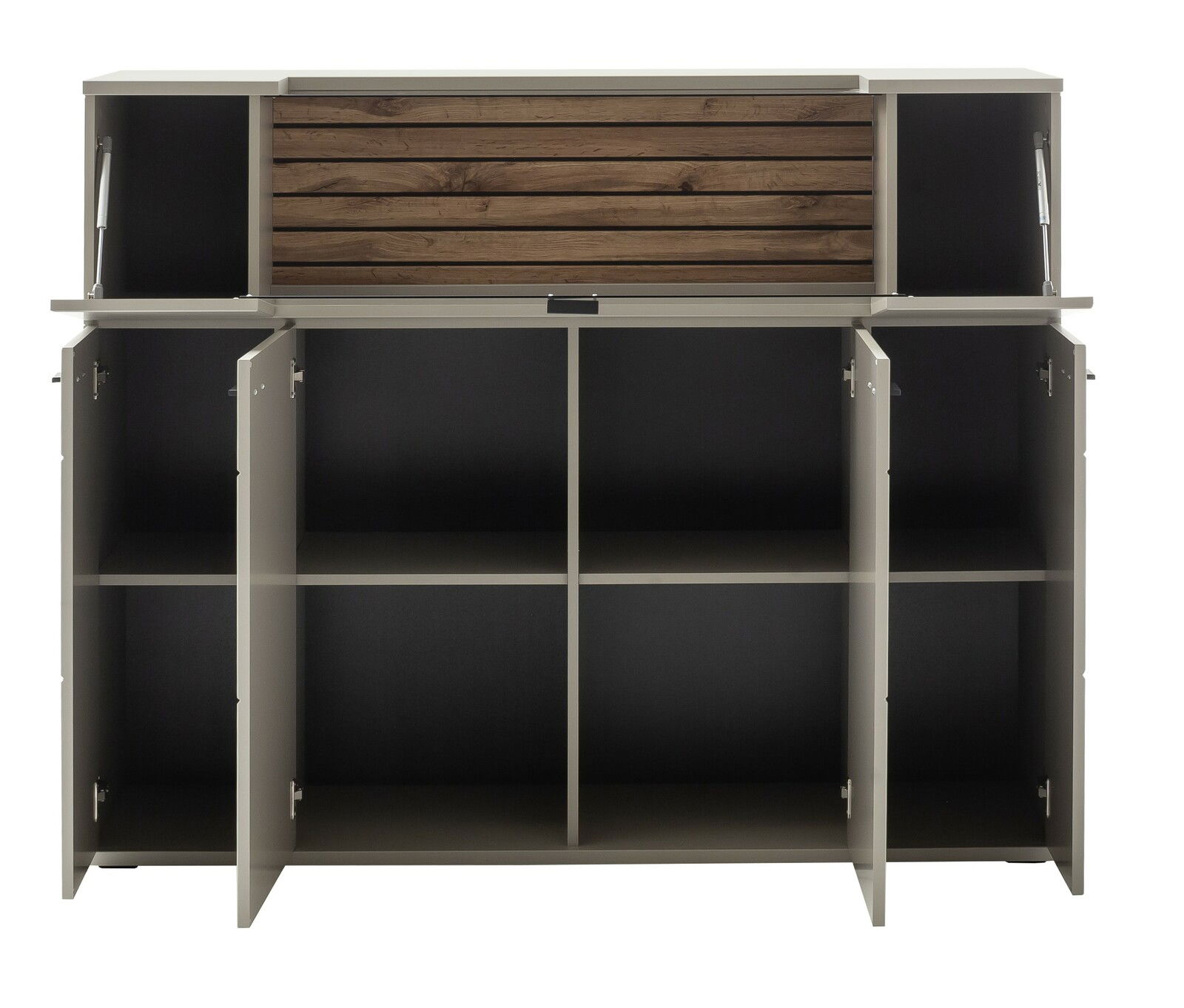Frontansicht eines Highboards mit offenen Türen und Fächern, obere Klappe mit Holzlamellen.