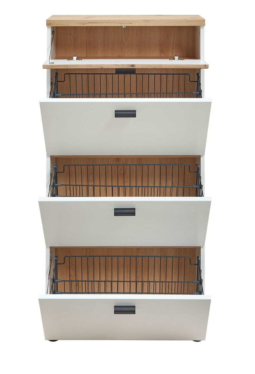 Schmaler Schuhschrank mit drei offenen Klappen und Holzoptik, Frontansicht