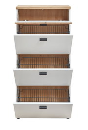 Schmaler Schuhschrank mit drei offenen Klappen und Holzoptik, Frontansicht