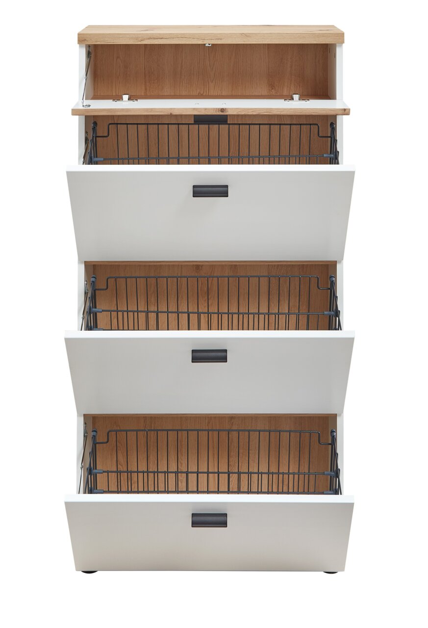 Schmaler Schuhschrank mit drei offenen Klappen und Holzoptik, Frontansicht