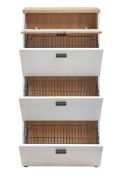 Smalle schoenenkast met drie open kleppen en houtlook, vooraanzicht
