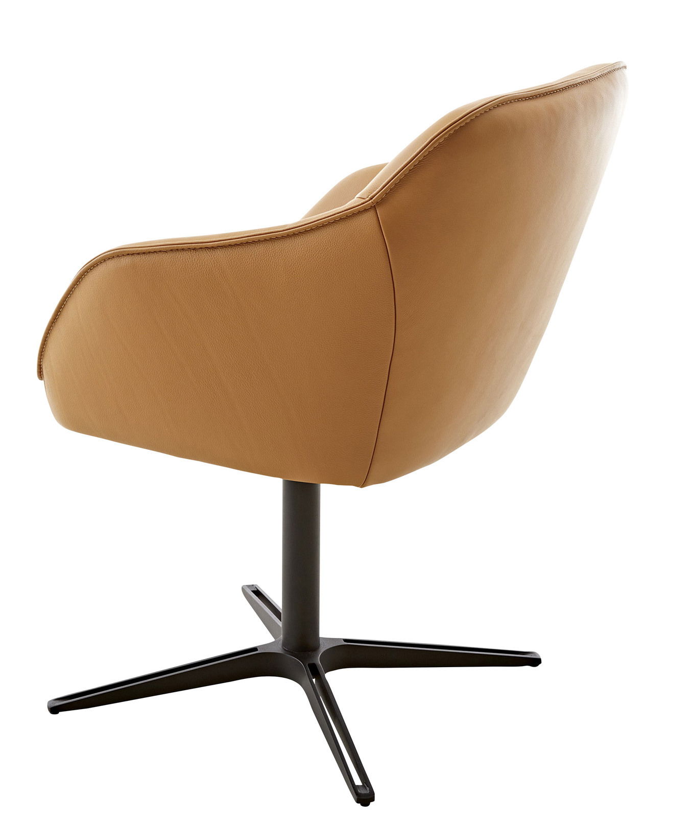 Rückansicht eines modernen Armlehnstuhls mit braunem Lederbezug und schwarzem Metallfuß.