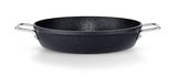 Schwarze Servierpfanne mit zwei Griffen, Ansicht von vorne.