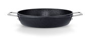 Schwarze Servierpfanne mit zwei Griffen, Ansicht von vorne.