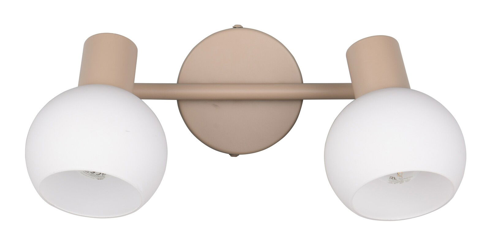 Zweiflammiger Strahler mit runden, weißen Lampenschirmen und beiger Halterung, Ansicht von vorne