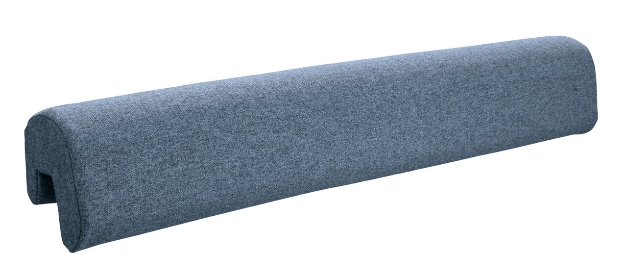 Zijaanzicht van een blauwe hoofdbescherming met stoffen bekleding.