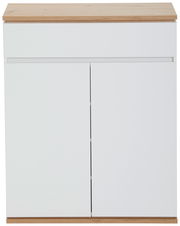 Moderner Schuhschrank in Weiß mit Holzoberfläche, Frontalansicht