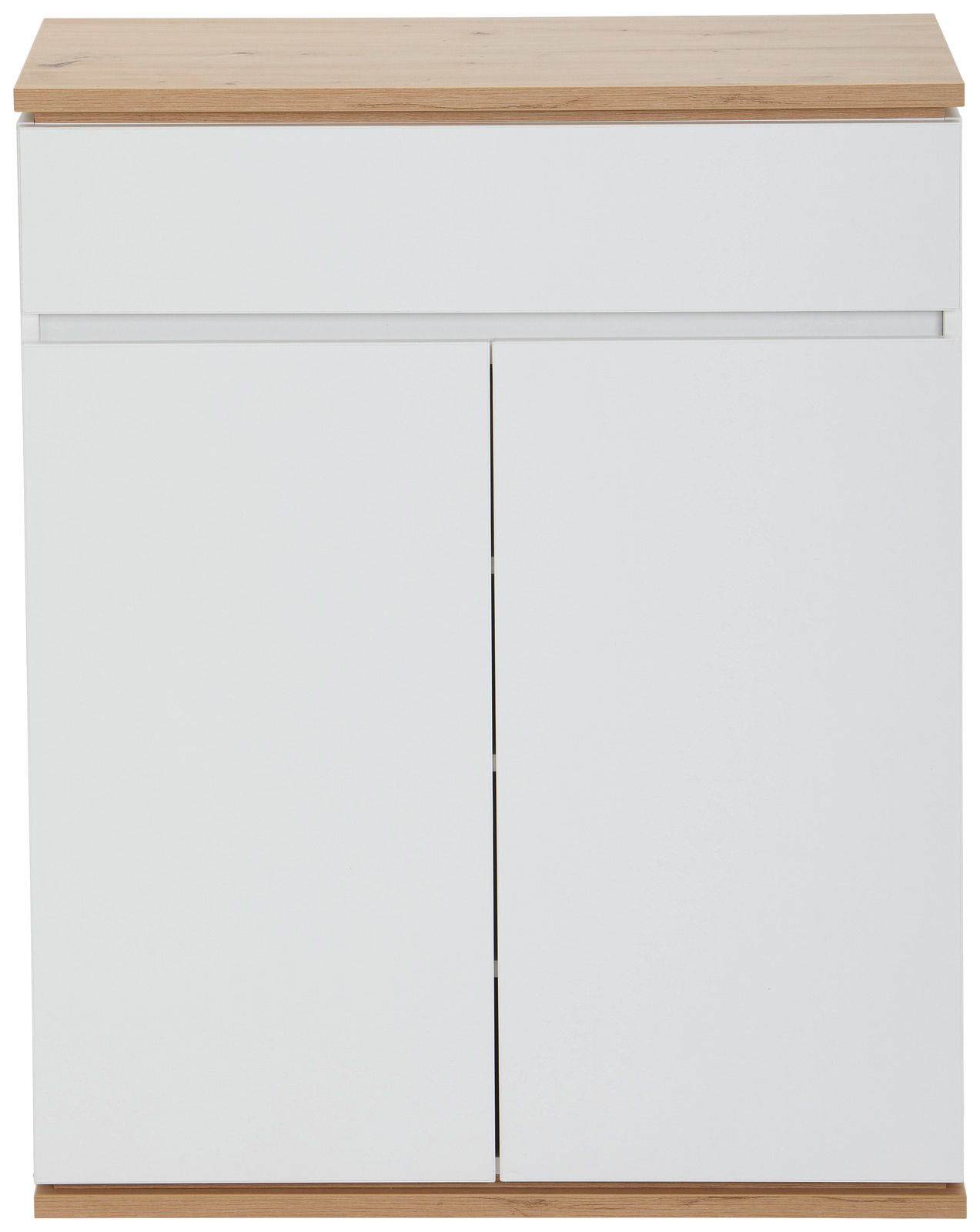 Moderner Schuhschrank in Weiß mit Holzoberfläche, Frontalansicht