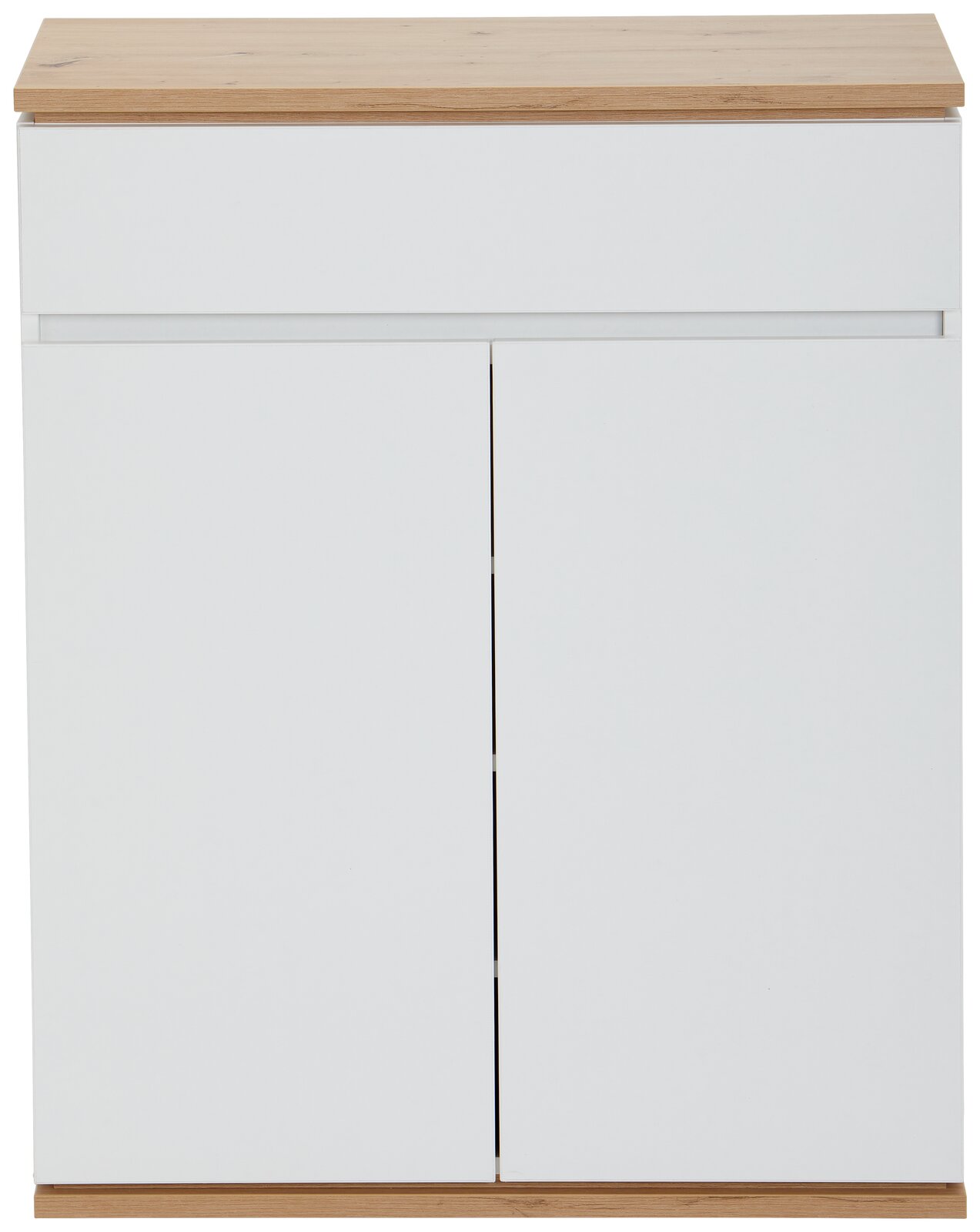 Moderner Schuhschrank in Weiß mit Holzoberfläche, Frontalansicht