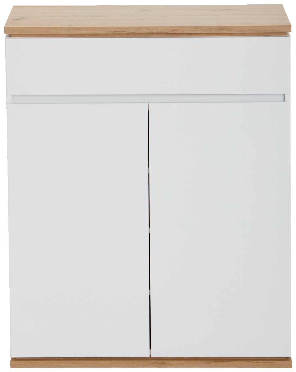 Moderner Schuhschrank in Weiß mit Holzoberfläche, Frontalansicht