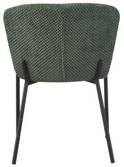 Rückansicht eines Stuhls mit grünem, strukturiertem Stoffbezug und schwarzen Metallbeinen.