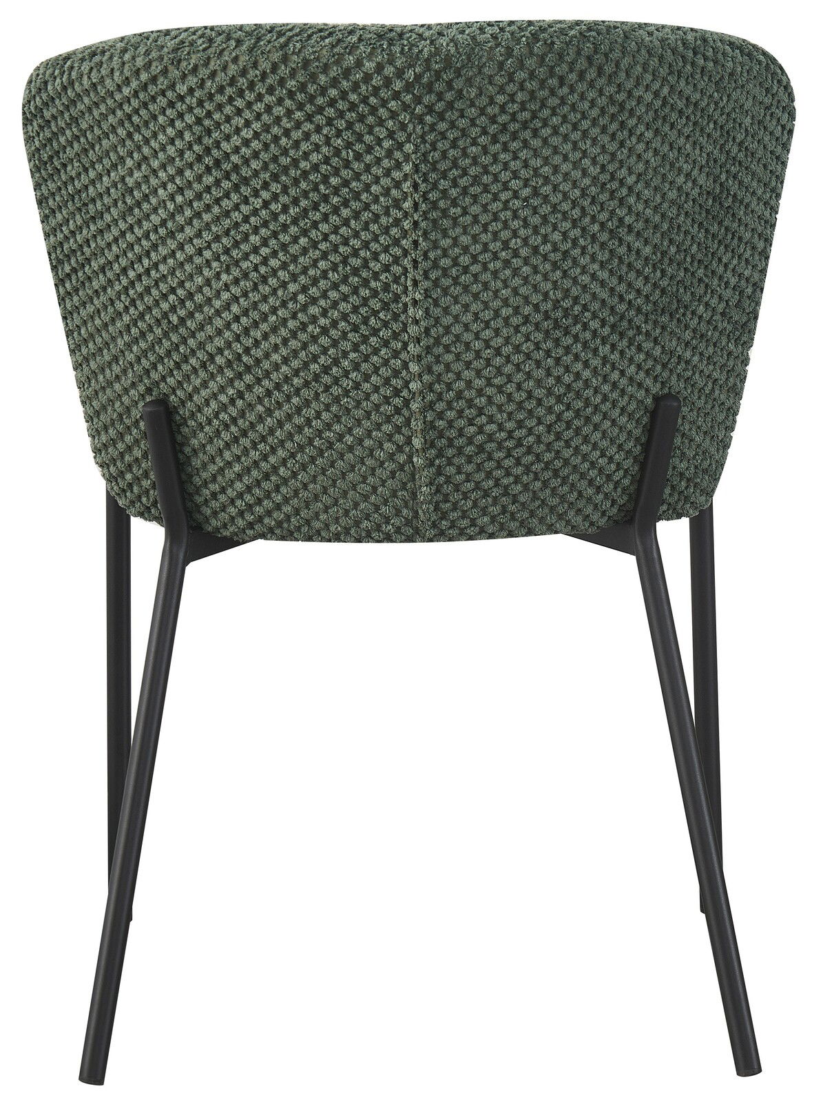 Rückansicht eines Stuhls mit grünem, strukturiertem Stoffbezug und schwarzen Metallbeinen.