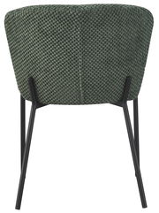 Rückansicht eines Stuhls mit grünem, strukturiertem Stoffbezug und schwarzen Metallbeinen.