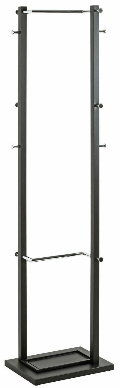 Moderner Garderobenständer aus Metall mit mehreren Haken und einer stabilen Basis, frontal abgebildet.