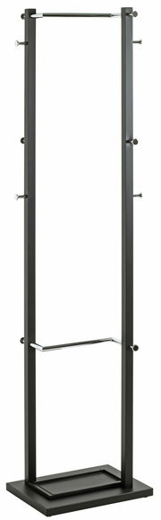 Moderner Garderobenständer aus Metall mit mehreren Haken und einer stabilen Basis, frontal abgebildet.