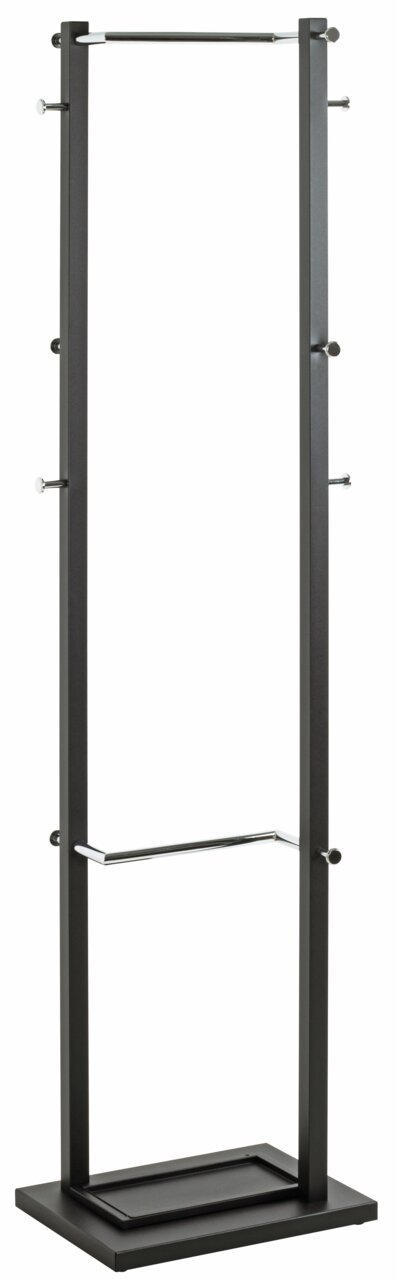 Moderner Garderobenständer aus Metall mit mehreren Haken und einer stabilen Basis, frontal abgebildet.