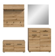 Garderoben-Set 4-teilig in Holzoptik, bestehend aus einem Wandpaneel mit Haken und Ablage, einem Spiegel, einer Kommode und einem Schuhschrank. Frontalansicht.