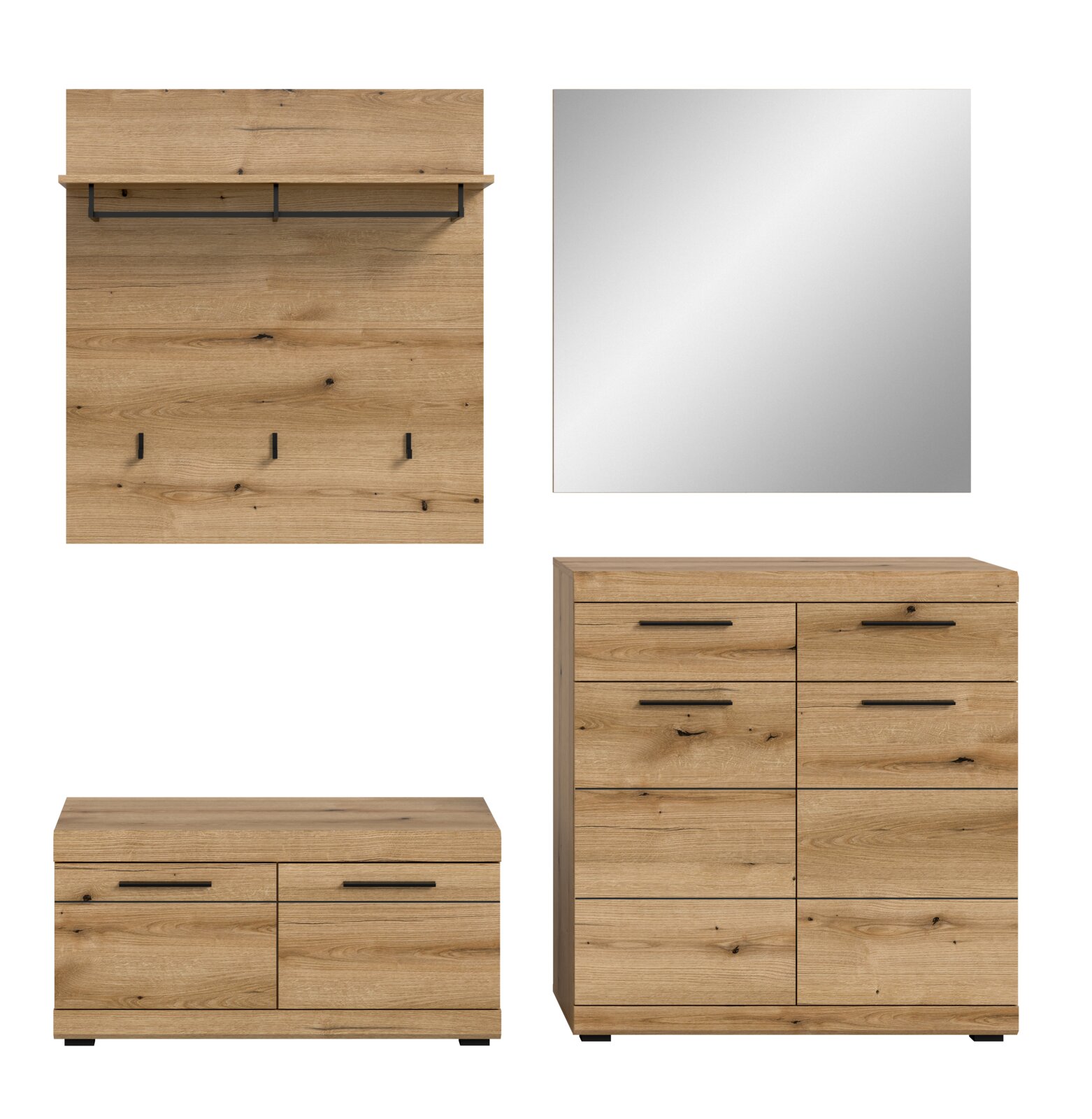 Garderoben-Set 4-teilig in Holzoptik, bestehend aus einem Wandpaneel mit Haken und Ablage, einem Spiegel, einer Kommode und einem Schuhschrank. Frontalansicht.