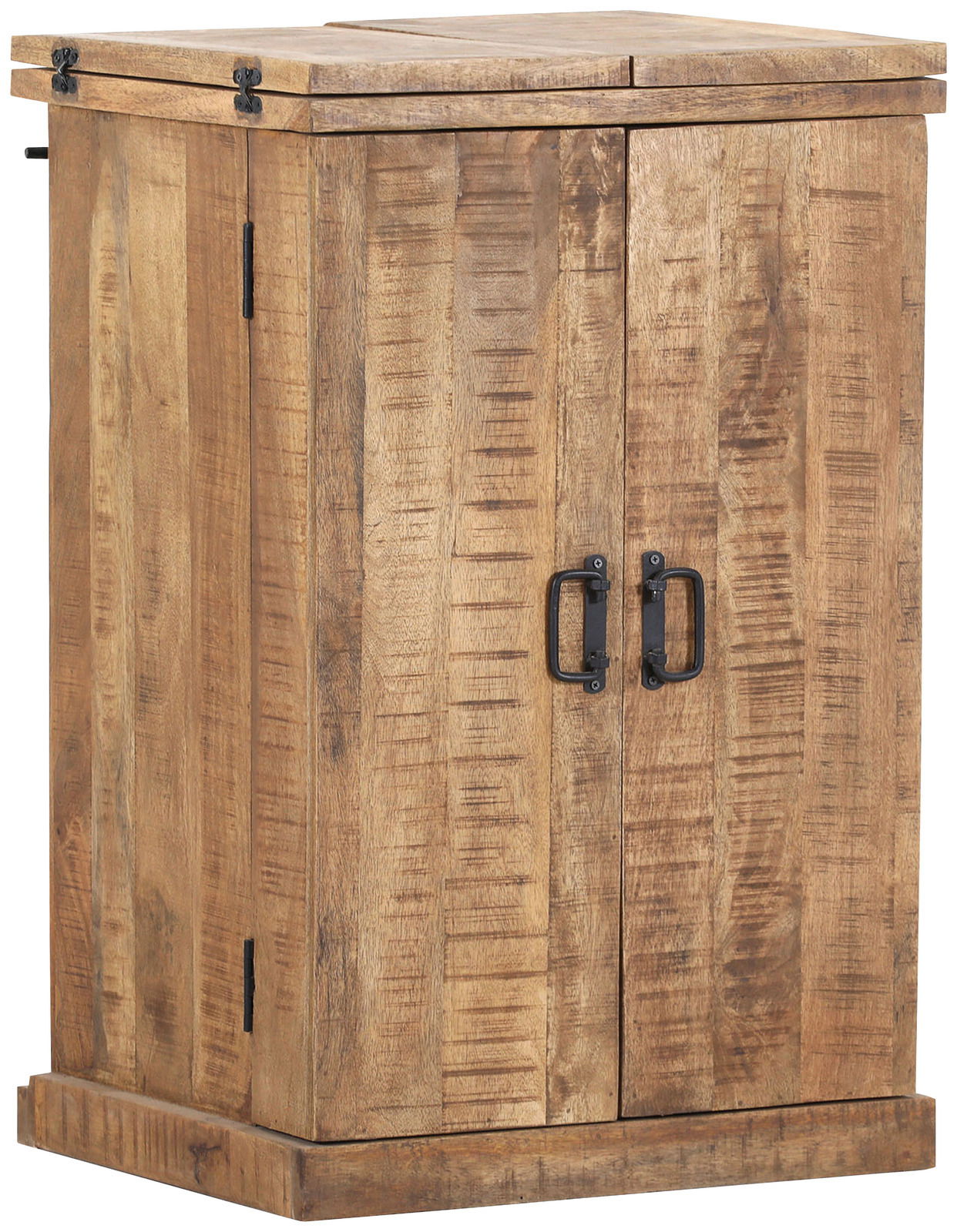 Rustikaler Bartheken-Schrank aus Holz mit zwei Türen, seitliche Perspektive