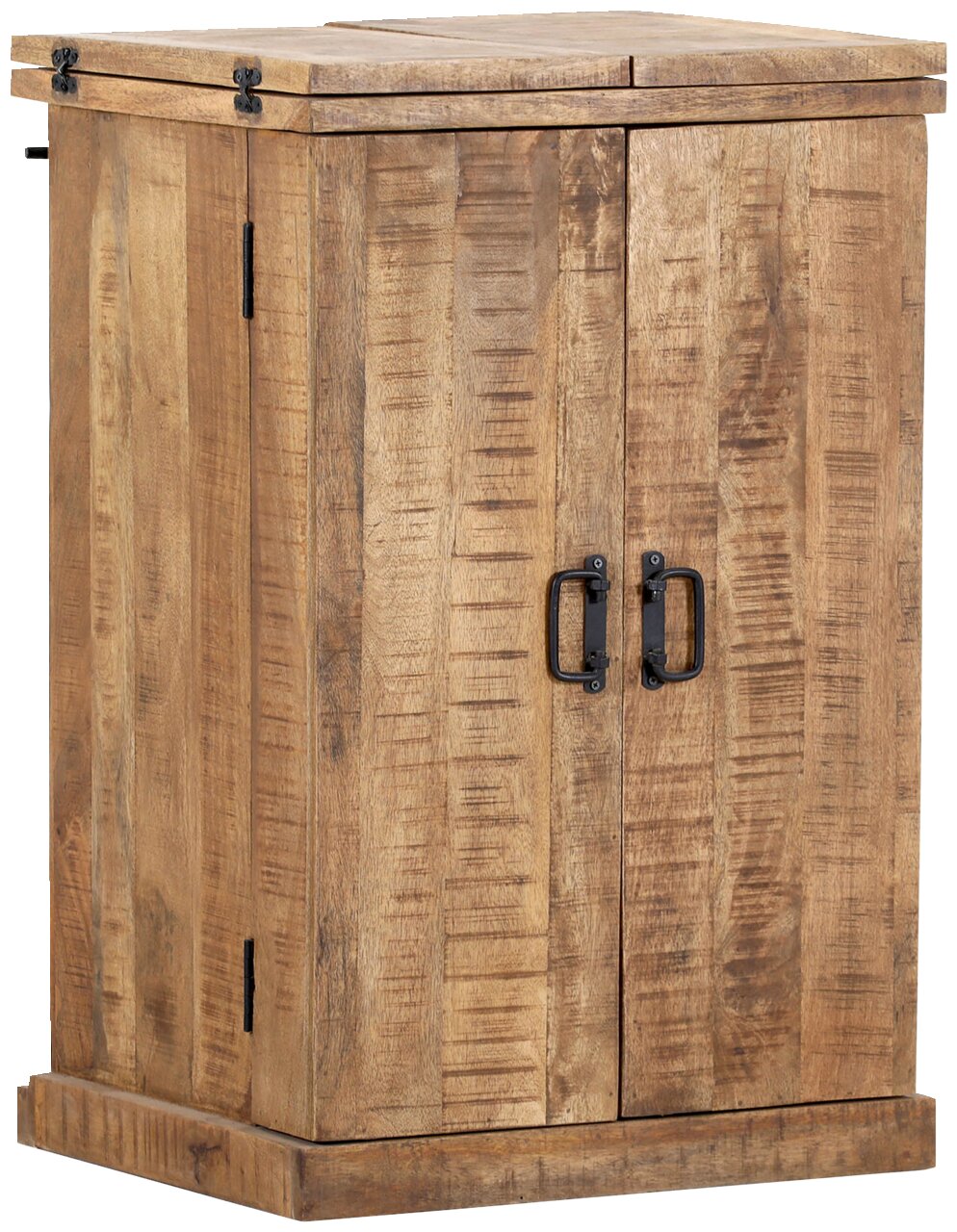 Rustikaler Bartheken-Schrank aus Holz mit zwei Türen, seitliche Perspektive