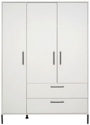 Moderner weißer Kleiderschrank mit drei Türen und zwei Schubladen, frontal betrachtet.