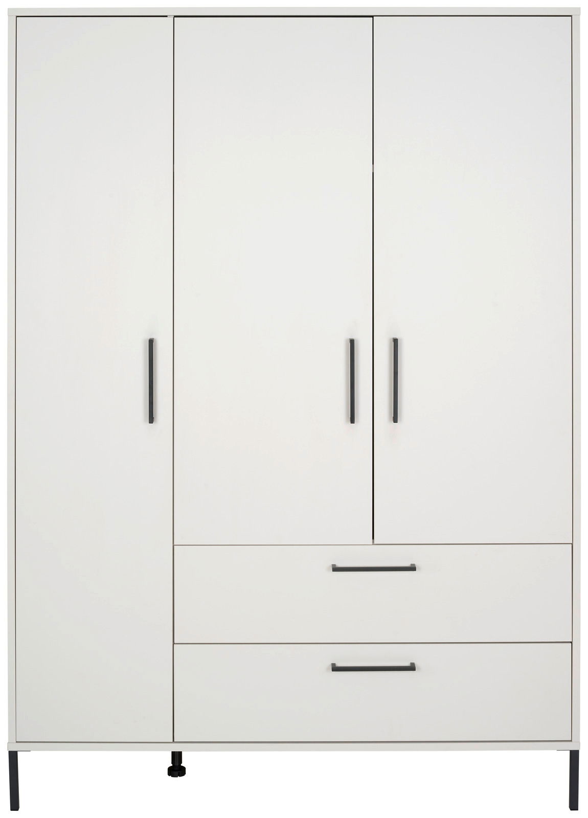 Moderner weißer Kleiderschrank mit drei Türen und zwei Schubladen, frontal betrachtet.