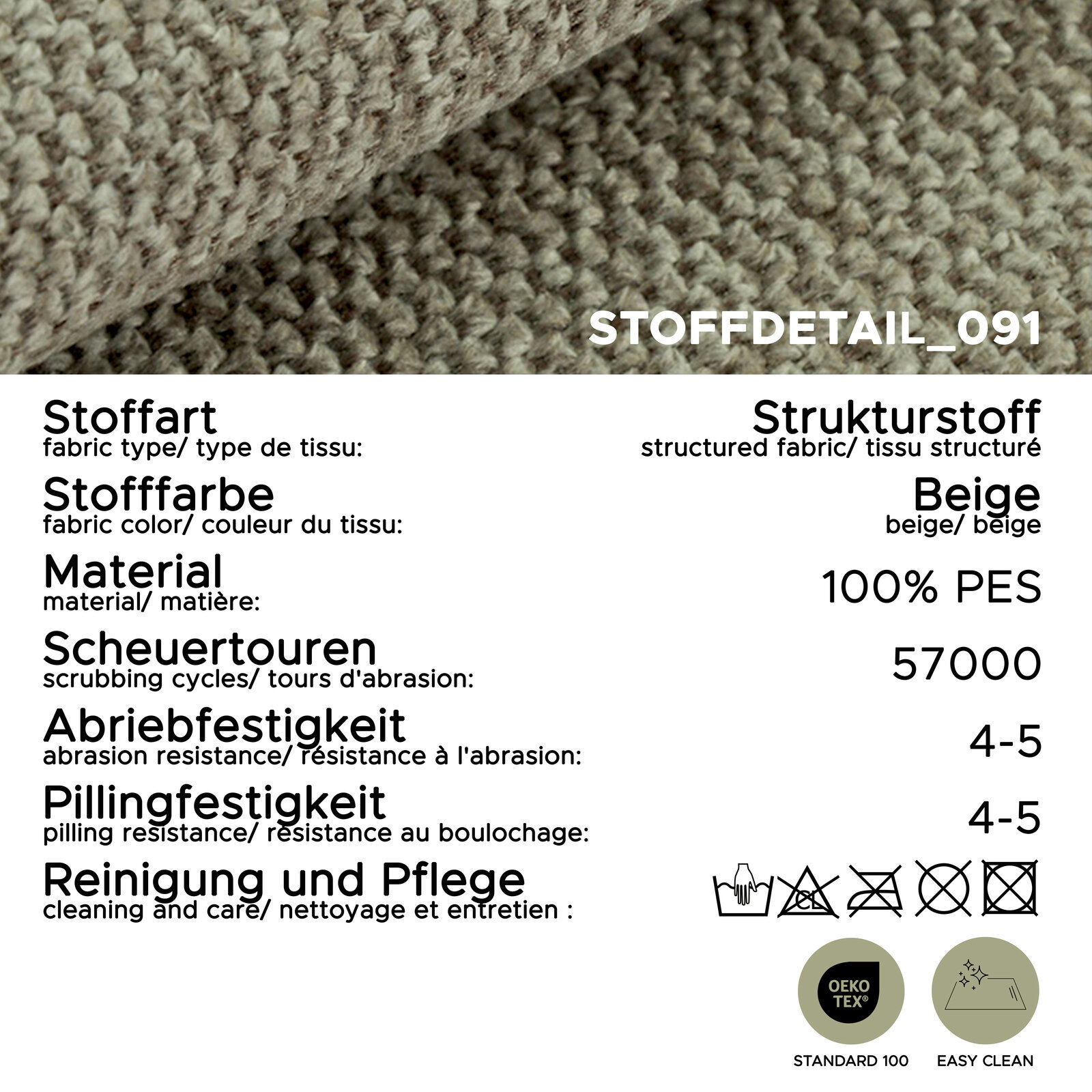 Beiger Strukturstoff in Nahaufnahme (Detailansicht/Frontansicht) mit Produktdaten: 100% PES, 57.000 Scheuertouren, Abriebfestigkeit 4–5, Pillingfestigkeit 4–5, OEKO-TEX Standard 100 und Easy Clean.