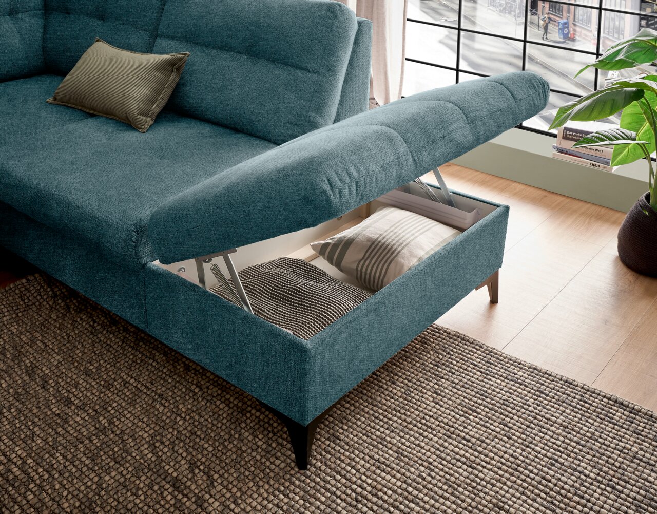 Rundecke in türkis mit Stauraum, geöffnet, von schräg oben fotografiert