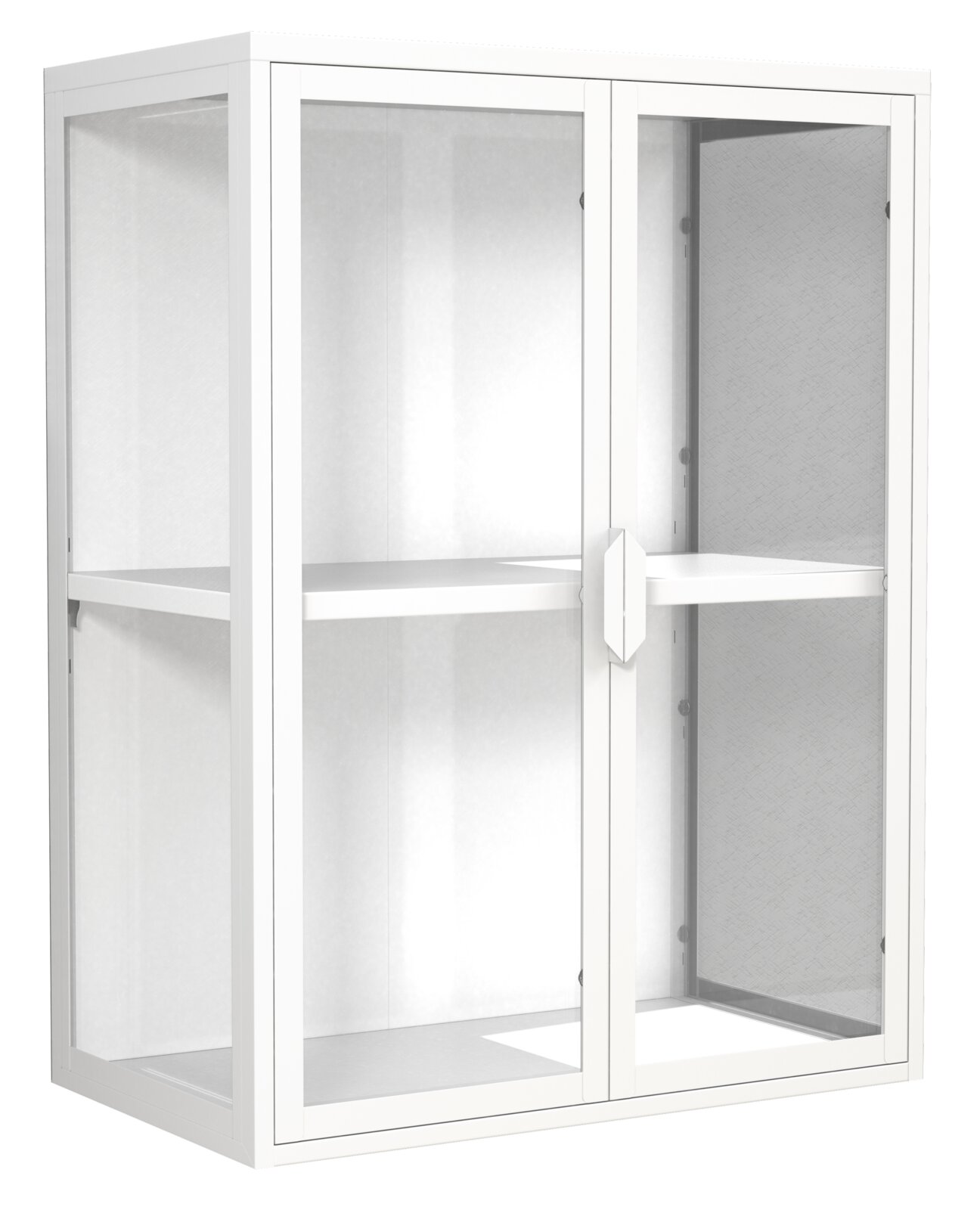Weiße Vitrine/Schrank mit transparenten Glastüren und einem Einlegeboden, freigestellt auf weißem Hintergrund, aus frontaler Ansicht mit leichter Links-Perspektive.