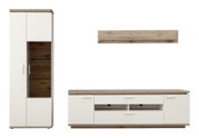 Wohnwand-Set im modernen Design mit Vitrine, Lowboard und Wandboard in Weiß mit Holzoptik-Akzenten, frontal aus der Vorderansicht freigestellt