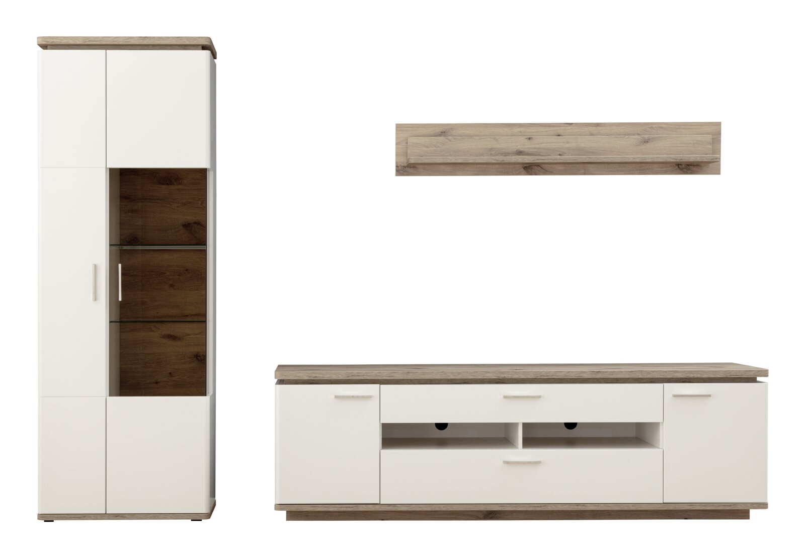 Stylife Wandkombination PALERMO Wohnwand-Set im modernen Design mit Vitrine, Lowboard und Wandboard in Weiß mit Holzoptik-Akzenten, frontal aus der Vorderansicht freigestellt