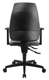 Rückansicht eines schwarzen Bürostuhls mit Armlehnen und Rollen