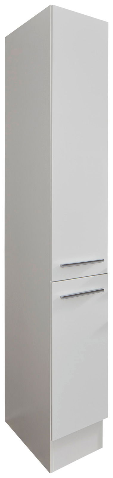 Yourkitchen Apothekerschrank JAZZ Weißer Apothekerschrank in schräger Perspektive, mit zwei Türen und modernen Griffen.