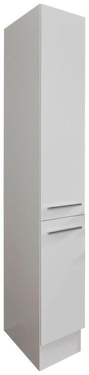 Weißer Apothekerschrank in schräger Perspektive, mit zwei Türen und modernen Griffen.