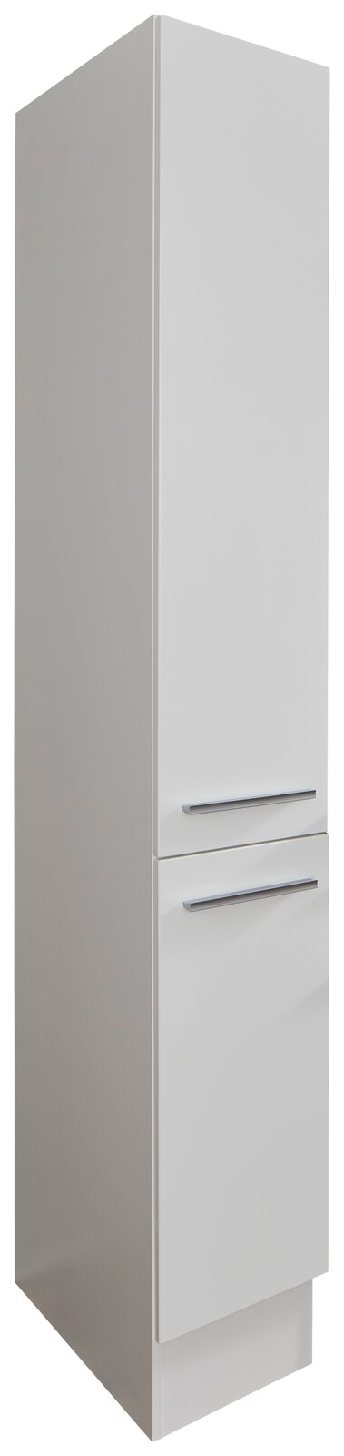 Yourkitchen Apothekerschrank JAZZ Weißer Apothekerschrank in schräger Perspektive, mit zwei Türen und modernen Griffen.