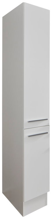 Weißer Apothekerschrank in schräger Perspektive, mit zwei Türen und modernen Griffen.