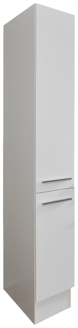 Weißer Apothekerschrank in schräger Perspektive, mit zwei Türen und modernen Griffen.