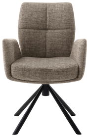 Frontalansicht eines modernen, gepolsterten Sessels mit Stoffbezug in Beige und schwarzen Metallbeinen.