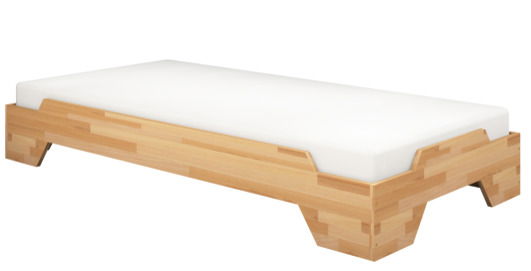 Stapelbett aus Holz mit weißer Matratze, seitliche Perspektive