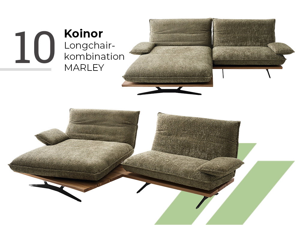 Modulare Longchair-Kombination MARLEY von Koinor in olivgrünem Stoff mit verstellbaren Rückenlehnen und Holzplattform