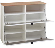 Weiße Garderobe mit Holzoberfläche, offene Frontansicht mit mehreren Fächern und Klapptüren.