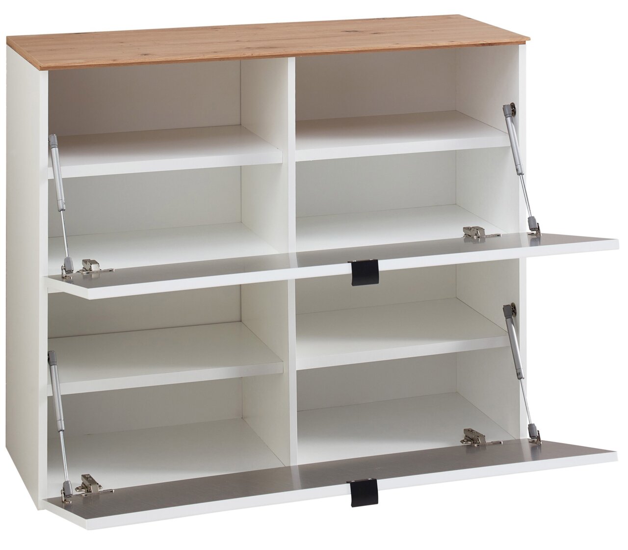 Voleo Garderoben-Set DIANA Weiße Garderobe mit Holzoberfläche, offene Frontansicht mit mehreren Fächern und Klapptüren.