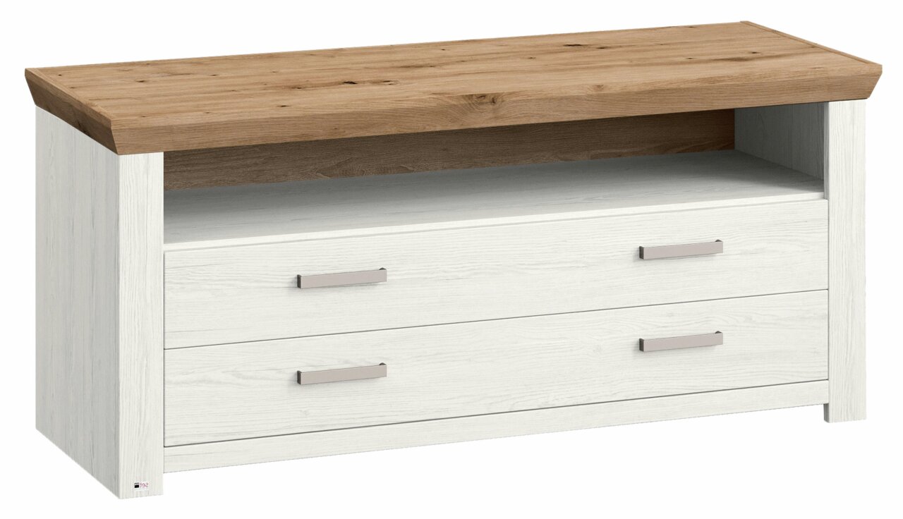 Lowboard in Holzoptik mit zwei Schubladen und offenem Fach, seitliche Perspektive