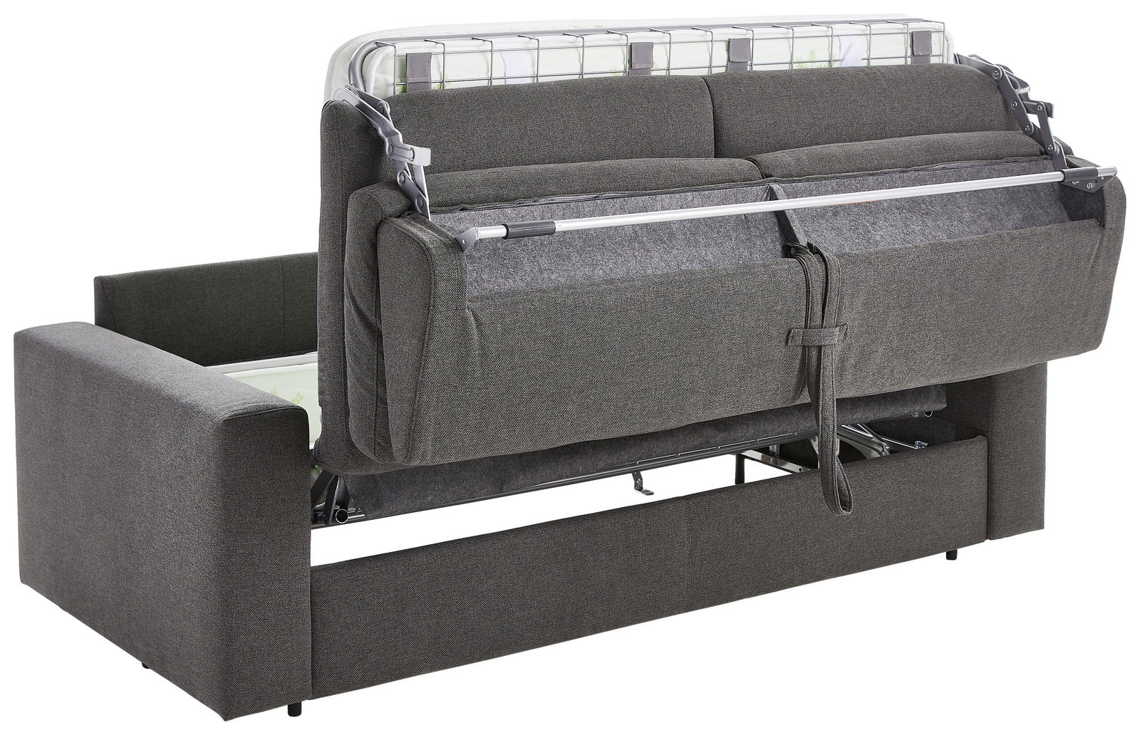 Rückansicht eines grauen Funktionssofas in halb ausgeklapptem Zustand, das die Mechanik und den Rahmen zeigt.