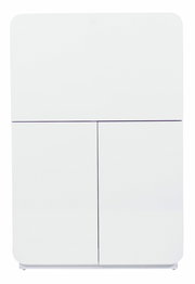 Weißer, moderner Sekretär mit glatten Oberflächen, frontal abgebildet.