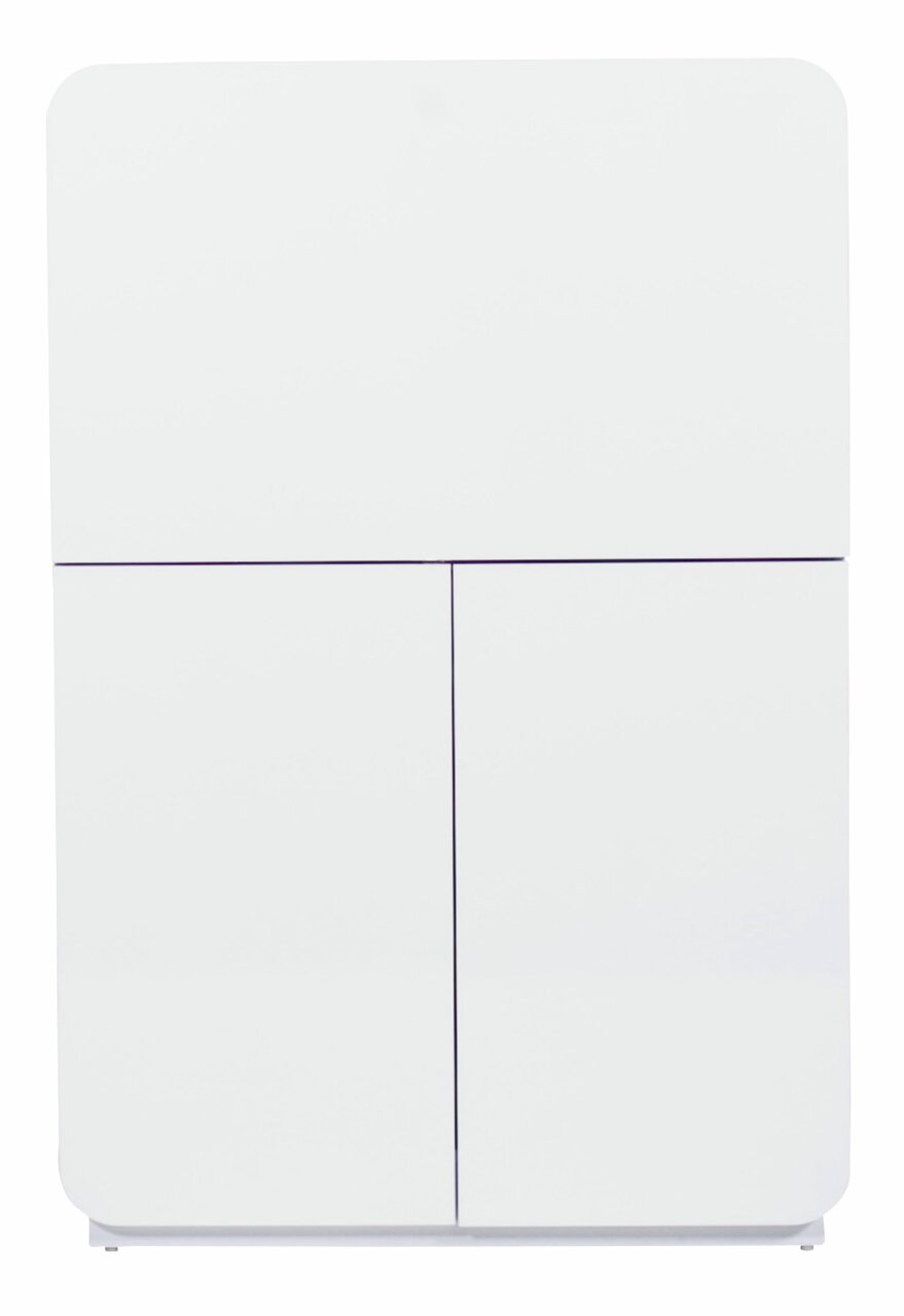Wit, modern secretaire met gladde oppervlakken, afgebeeld van voren.