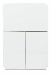 Wit, modern secretaire met gladde oppervlakken, afgebeeld van voren.