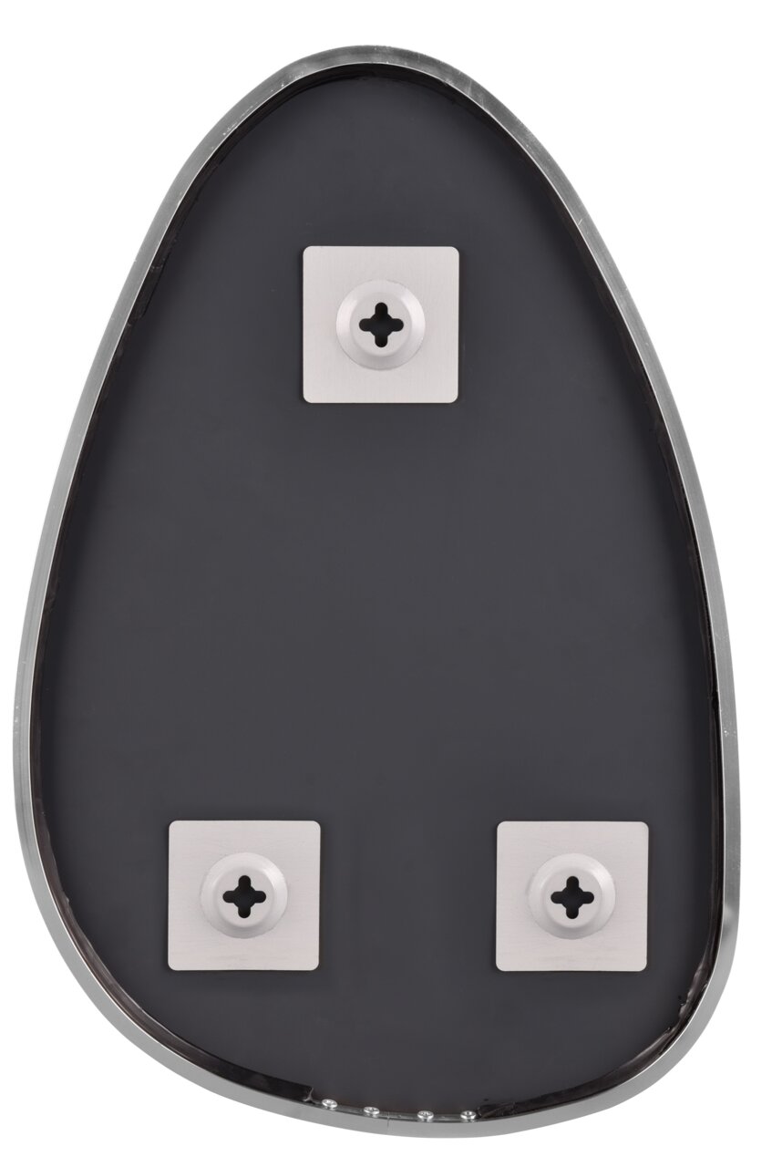 Rückansicht eines tropfenförmigen Spiegels mit drei Befestigungspunkten.