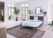 Moderne slaapkamer met een stijlvol bed, voorzien van een Spessarttraum Winterbett PREMIUM en een driekamerkussen. Op de foto is het bed van voren te zien in een lichte, elegante ruimte met grote ramen en een minimalistische inrichting.