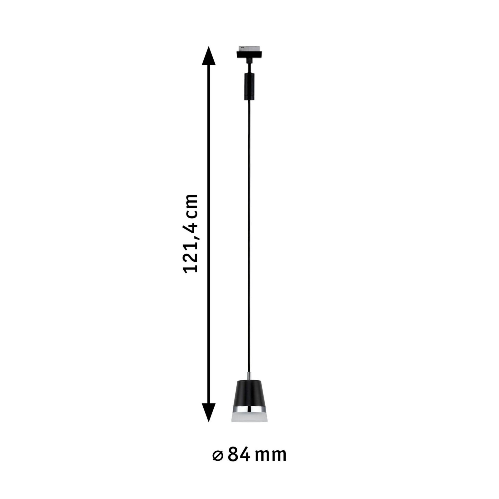 Zwarte railpendel Cone, zijaanzicht, hoogte 121,4 cm, diameter 84 mm